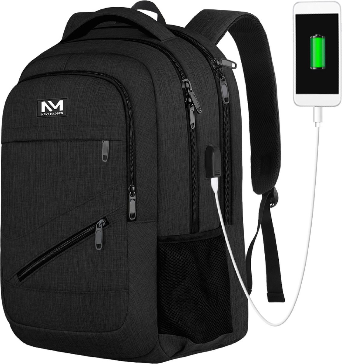 rugzak, laptop rugzak, zwart, USB opladen, mesh zijvak