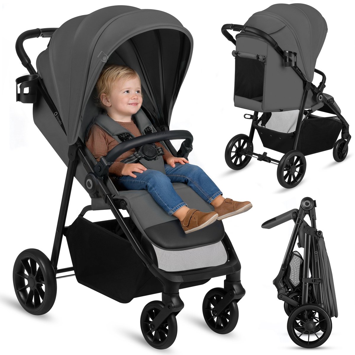 Lionelo Emerald Buggy Wandelwagen – Comfortabele Ligpositie 91 cm – Lichtgewicht & Eén-Hand Opvouwbaar – Geschikt voor 6 Maanden tot 4 Jaar – XXL-Capuchon UPF50+ – Gelagerde EVA-Wielen met Vering – Inclusief Bekerhouder