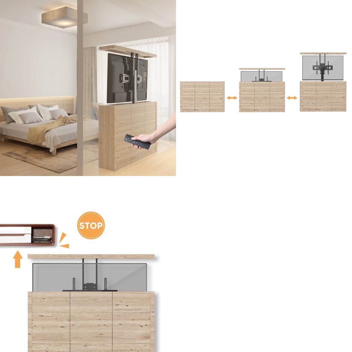 tv-meubel, tv-kast, houten-finish, tv-lift, montage