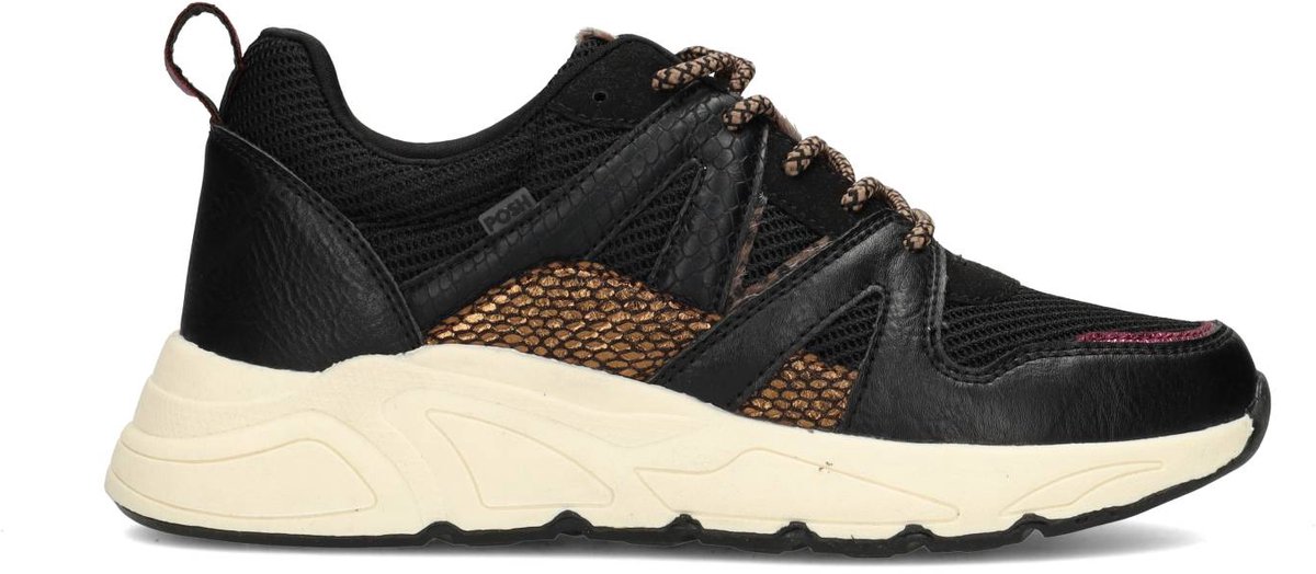 sneaker, zwart, mesh, bruinaccent, chunky zool