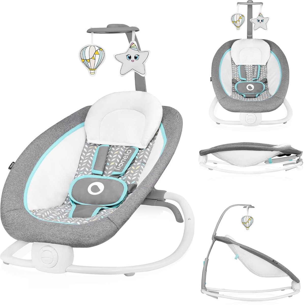 baby rocker, infant chair, gray teal, fabric cushions, mobile toys