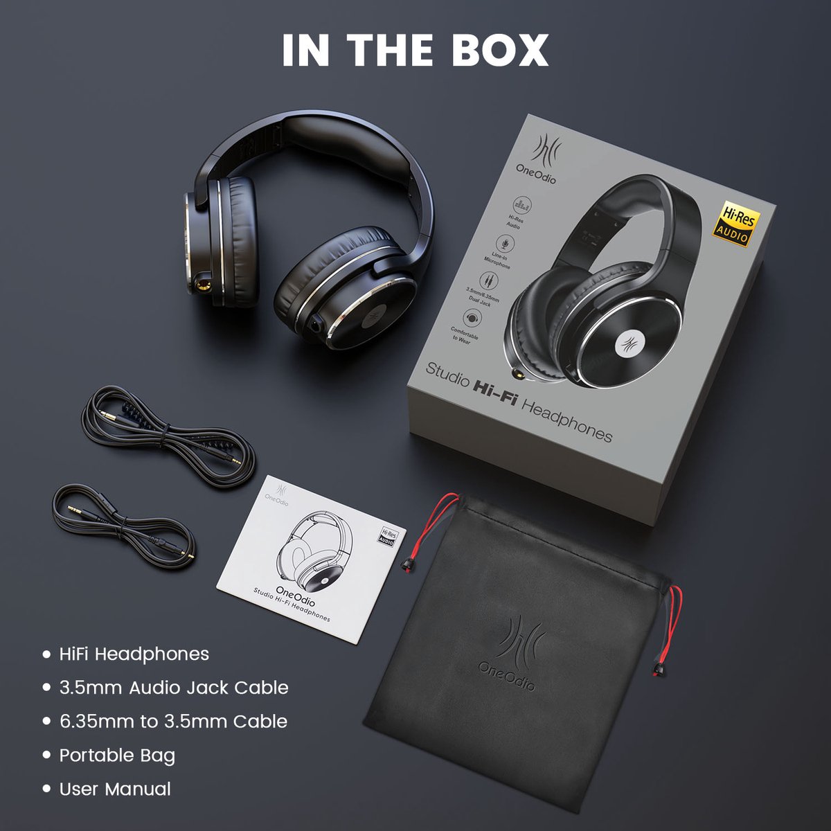 OneOdio Studio HiFi - koptelefoon met microfoon - extra lange kabel - muziek|studio|DJ (zwart)