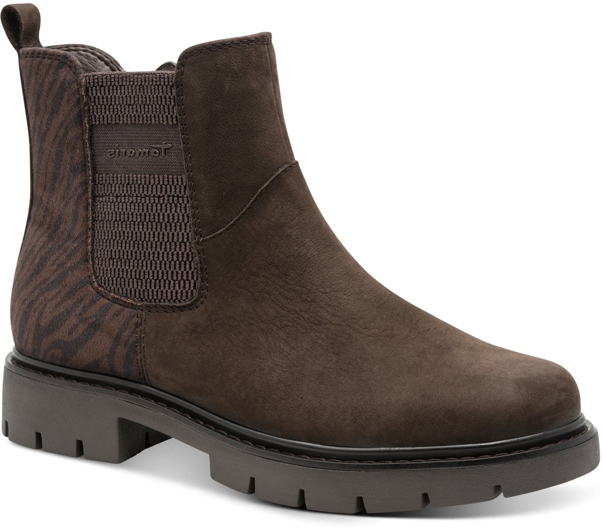 broekende boots, bruine enkelboots, elastische zijpanelen, ruggesponnen loopzool, lederlook