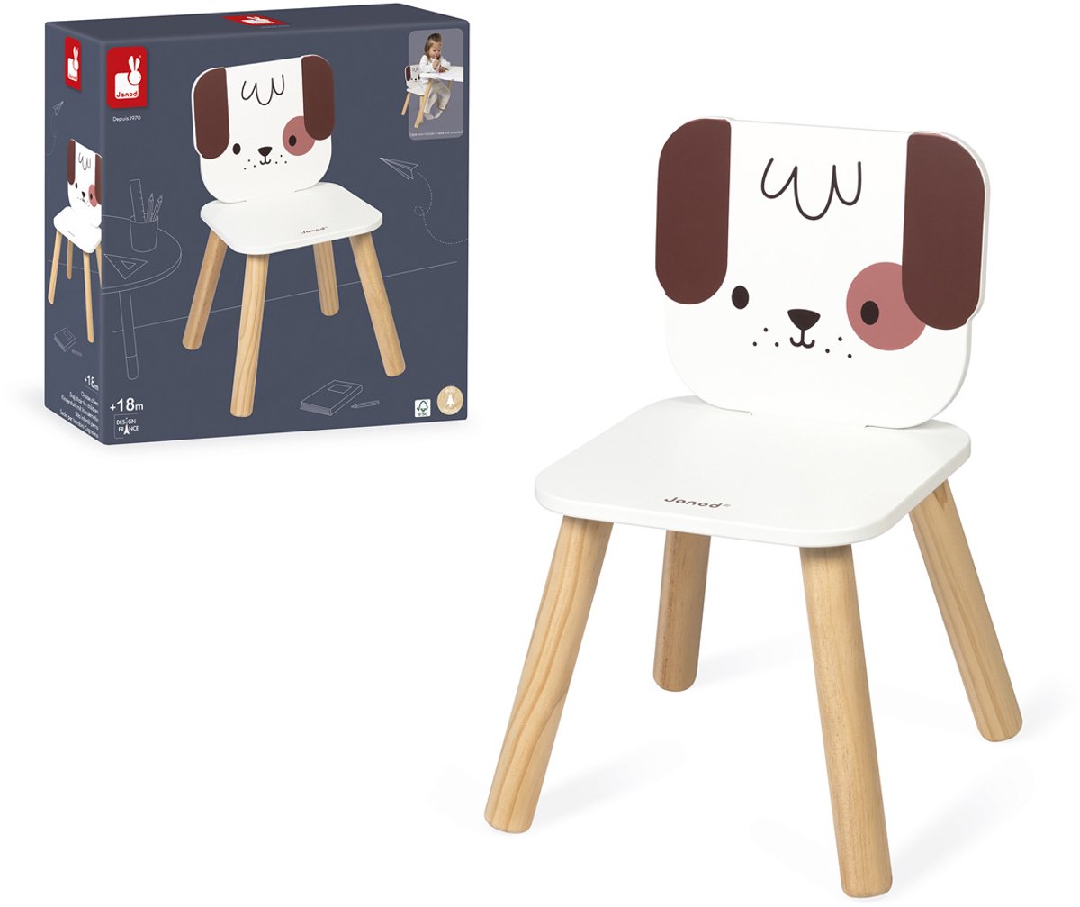 Kinderstoel, Hout, Witte zitting, Dog gezicht, Kleurn & patroon
