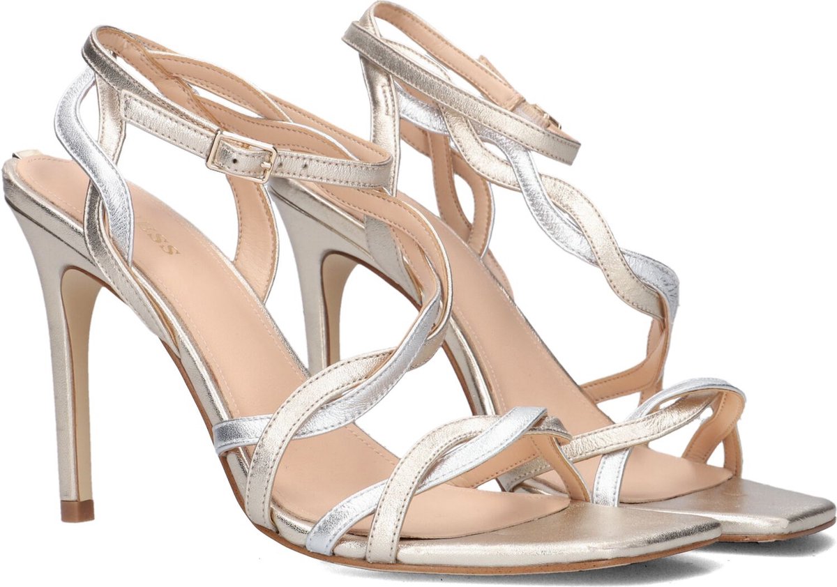 sandalen, hoge hak, zilver, crisscross bandjes, sleehak