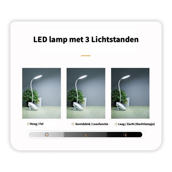 LED Bedlamp met klem - 3 lichtstanden - Draadloze en oplaadbare LED lamp
