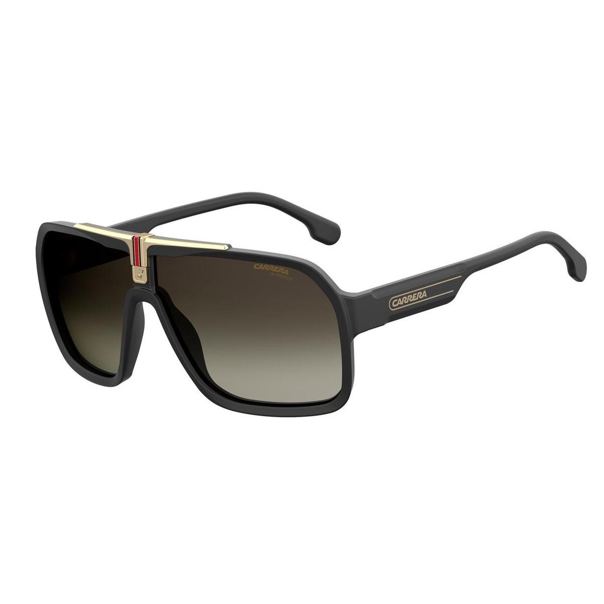 zonnebril, vierkante glazen, zwarte montuur, gradiënt tint, metalen accenten