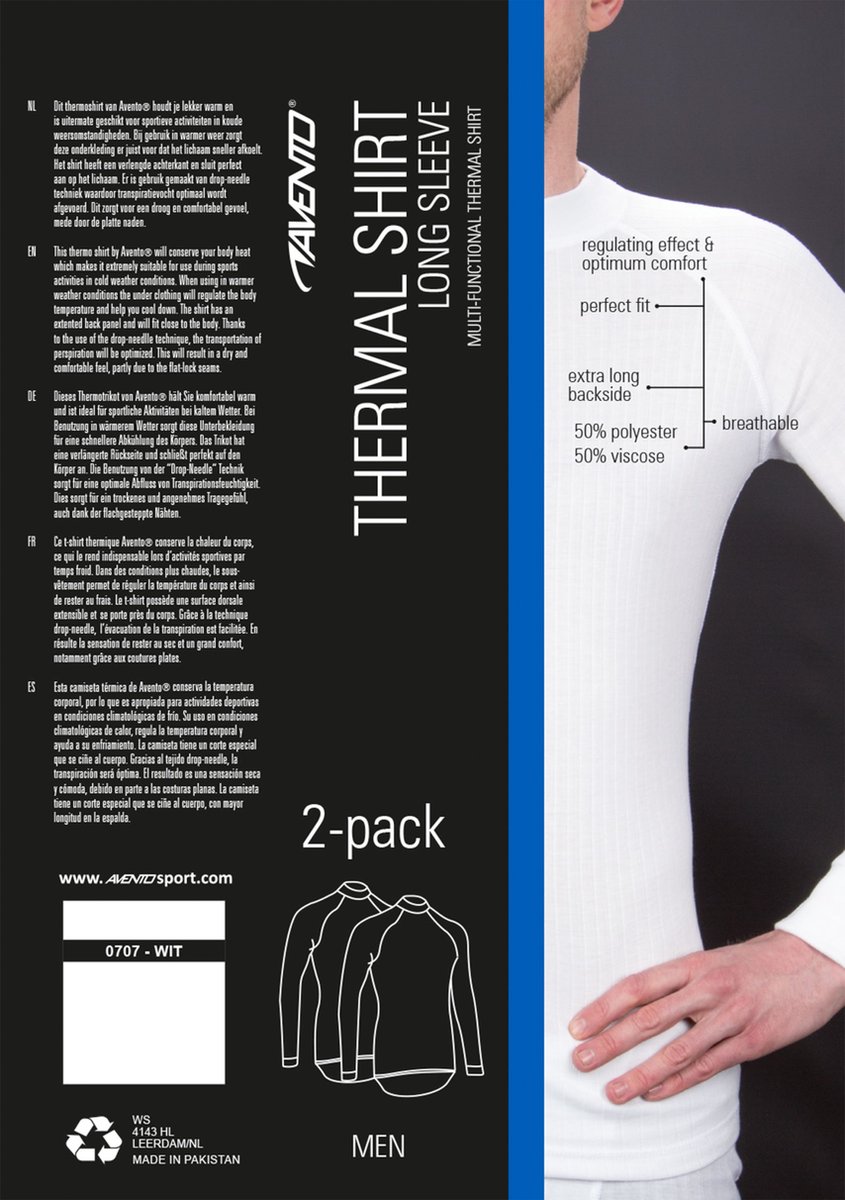 Avento - Maat M - Thermoshirt Lange Mouw - Heren - 2-Pack - Wit