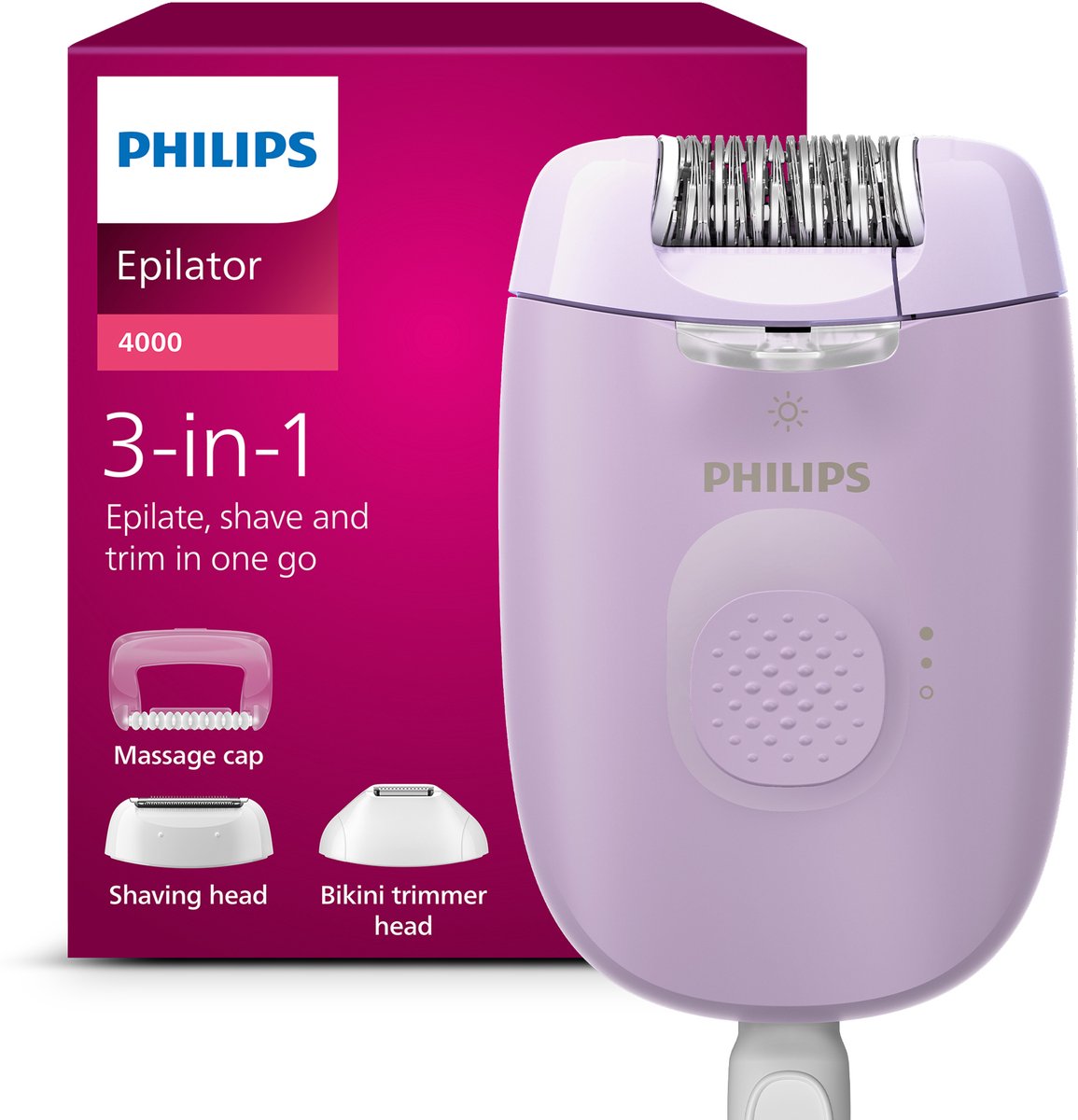 epilator, 3-in-1, paars, massage cap, bikini trimmer