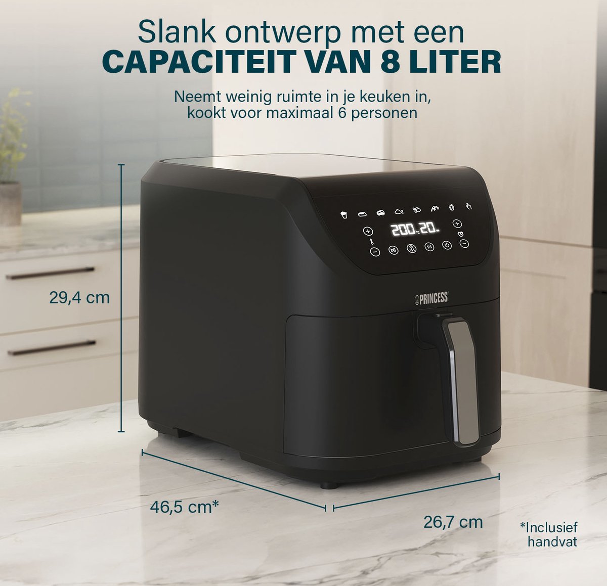 Princess Digitale Airfryer XXL 182256 - SlimFry Airfryer - Slank ontwerp - 8 liter - PFAS vrij - Heteluchtfriteuse - Digital Touchscreen - 8 Automatische Programma's - 2000W - Zwart - Ideaal voor kleinere keukens of beperkte aanrechtruimte