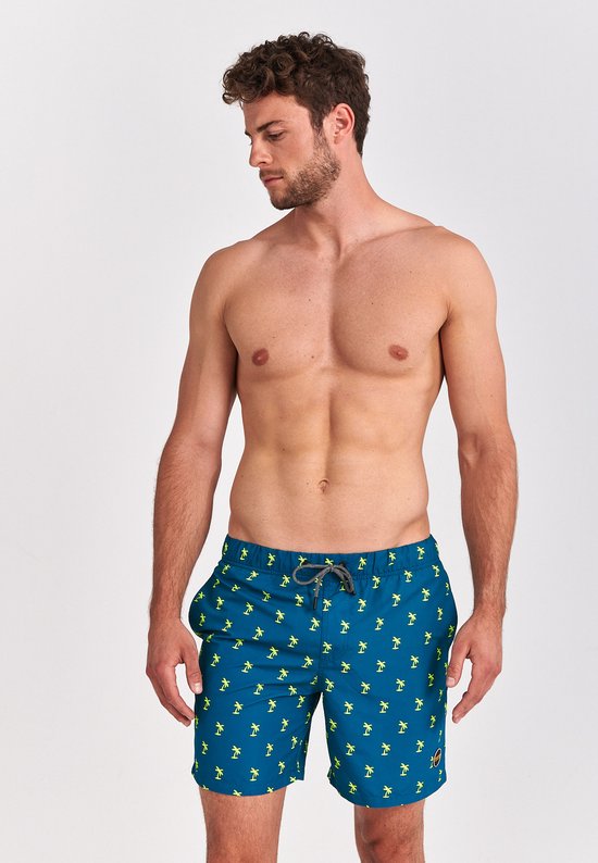swim shorts, board shorts, men's shorts, blue shorts, palm tree pattern