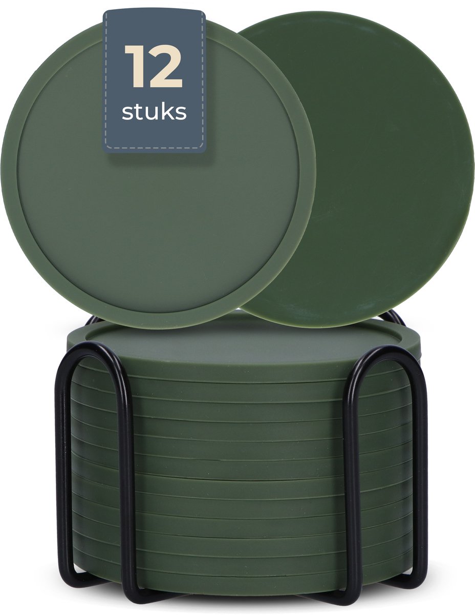 Castagnola Siliconen Onderzetters – Onderzetters voor Glazen – Design Onderzetters met Houder – Onderzettersset – Anti Slip - Set van 12 – Groen