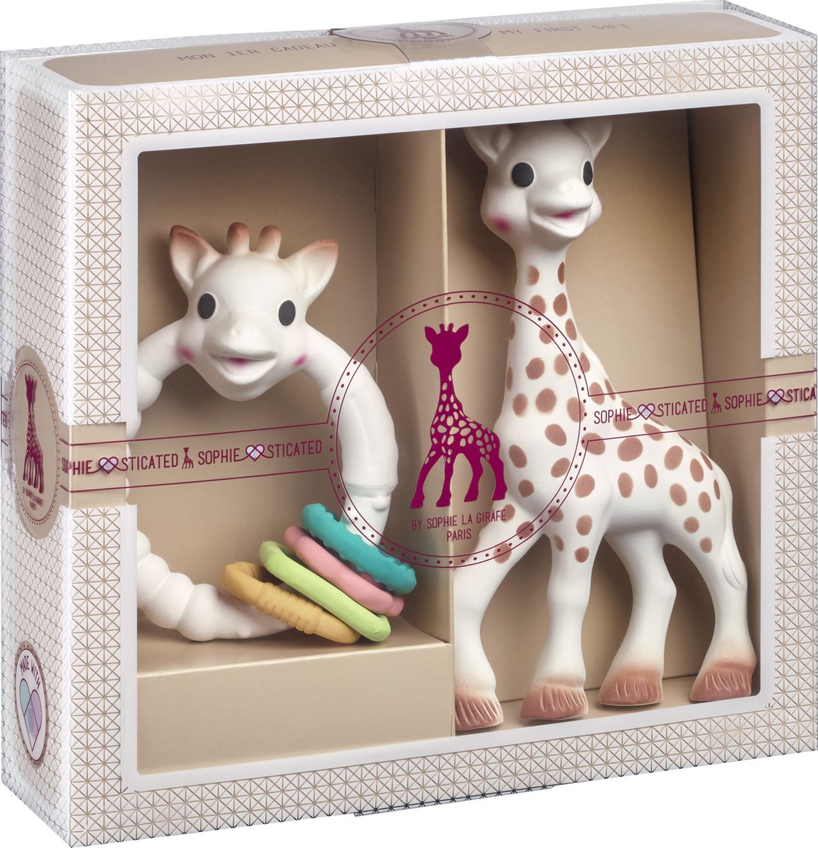 giraffe, speelfiguur giraf, roze giraf, stapelsringen, zachte knuffel