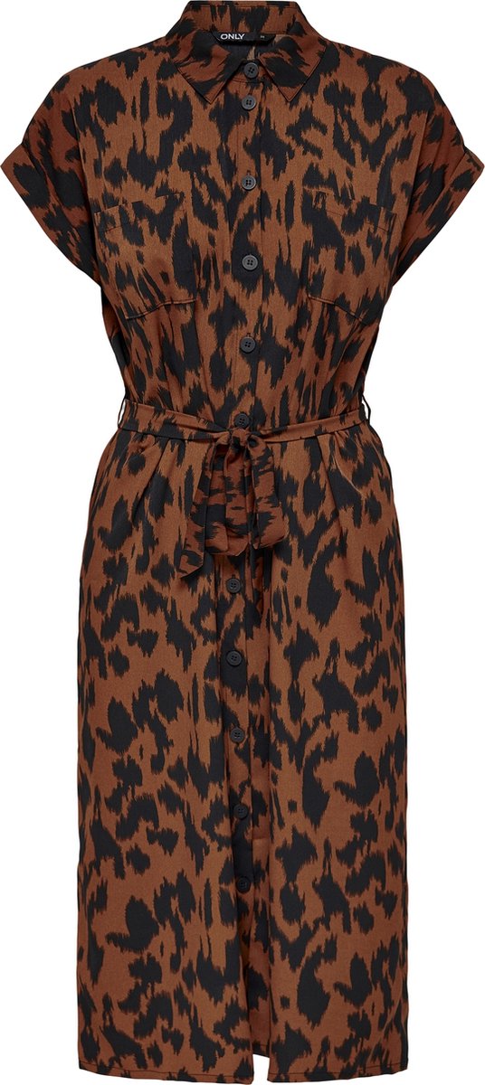 jurk, koordenriem, print, leopard, kaki-zwart