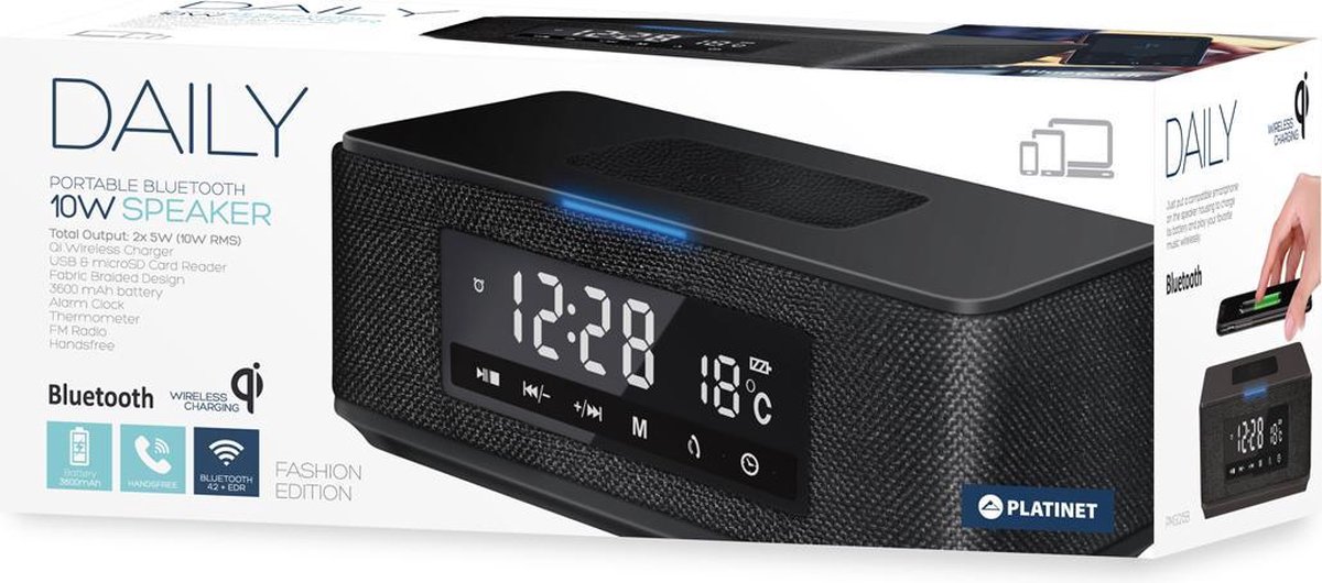 Platinet PMGQ15B - Draagbare Stereo Bluetooth Speaker met wekker en belfunctie - FM-Radio - Bluetoot