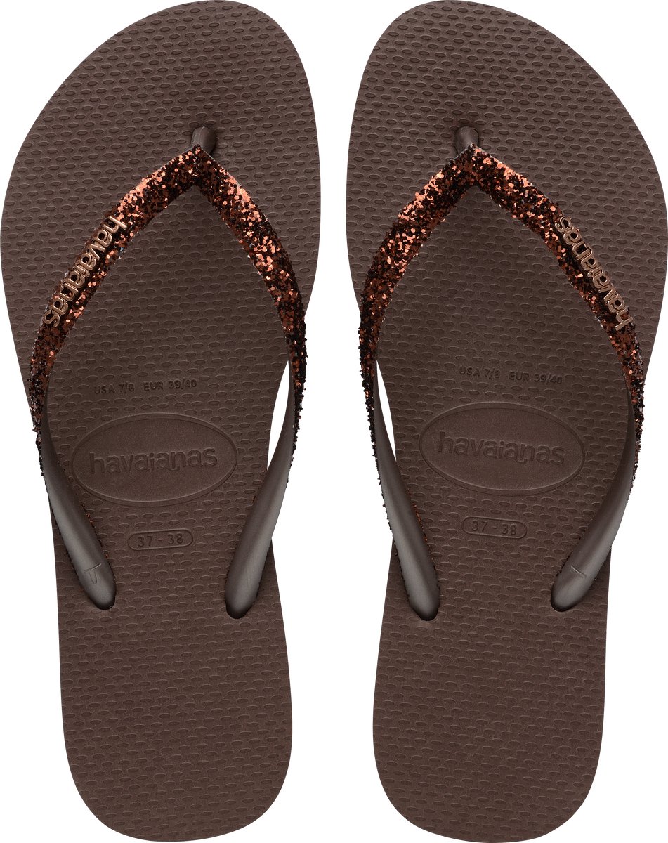 slippers, flip-flops, toe-post, glitter straps, brown