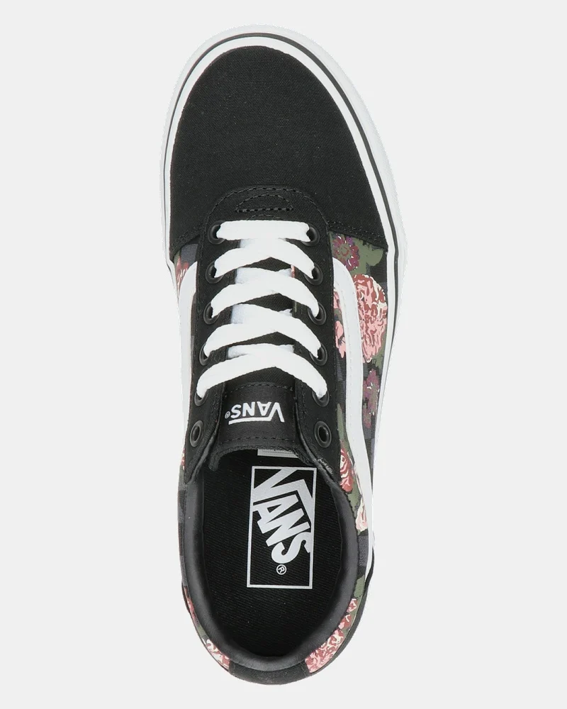 canvas sneaker, zwart, bloemen patroon, witte veters, laag-top