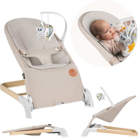 baby rocker, baby seat, beige, wooden frame, adjustable recline