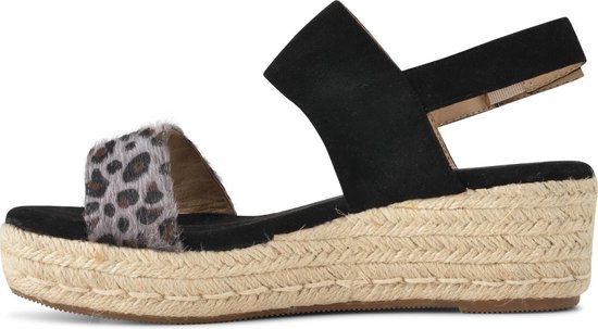 PS Poelman - Maat 40 - Dames Sandalen met Espadrille Zool - Iris - Zwart met Furry Luipaard Print