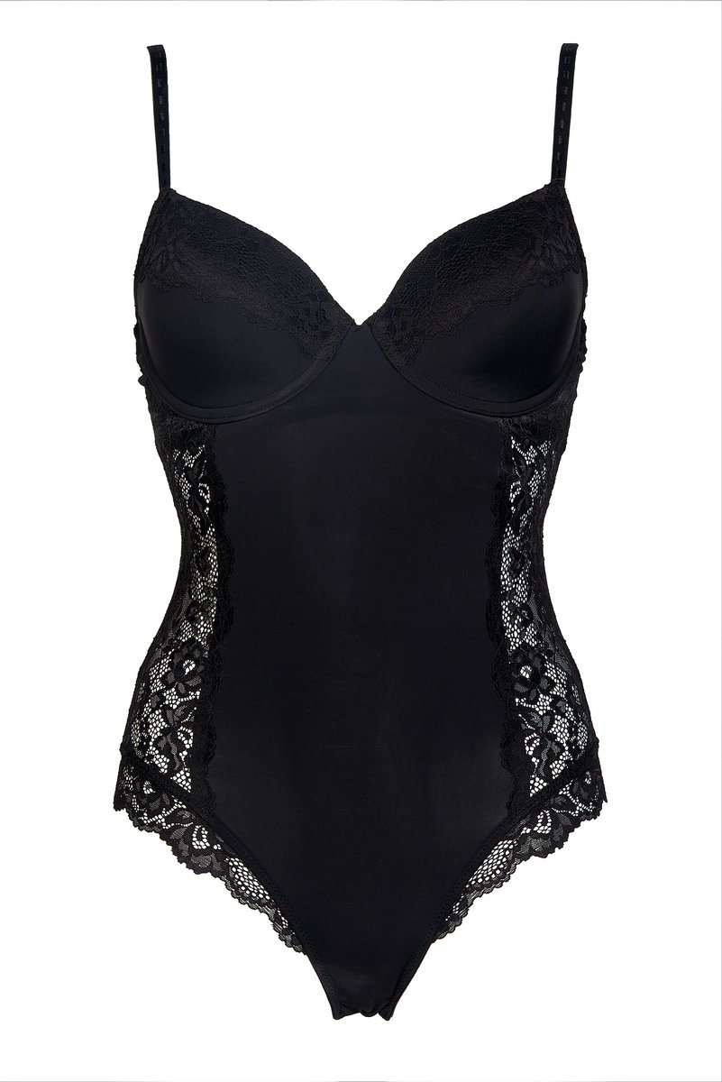 bodysuit, lace, zwart, riemen, soft-cup