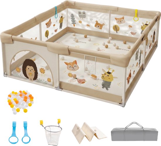 Grondbox – Speelbox – Kinderbox – Kruipbox – Playpen – Baby - 120 x 120 x 65 cm – Dubbelzijdige Speelmat – 65 Speelballen – 2 optrekhandvatten – Rits Opening
