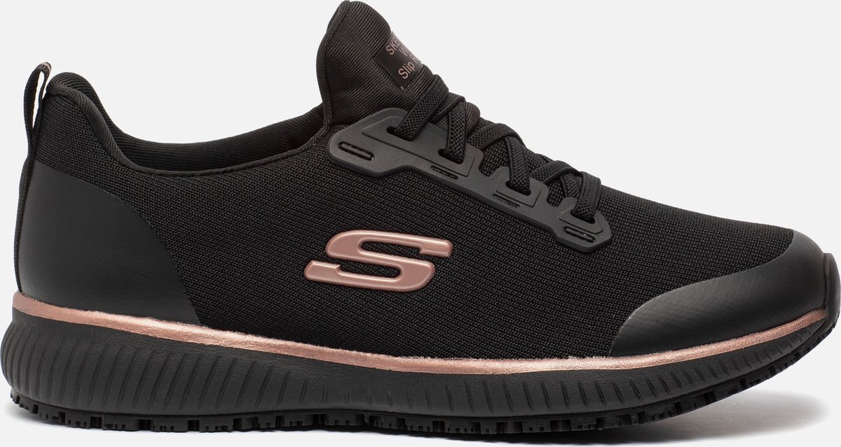 sneaker, zwart, mesh, roze-gouden logo, rubberen zool