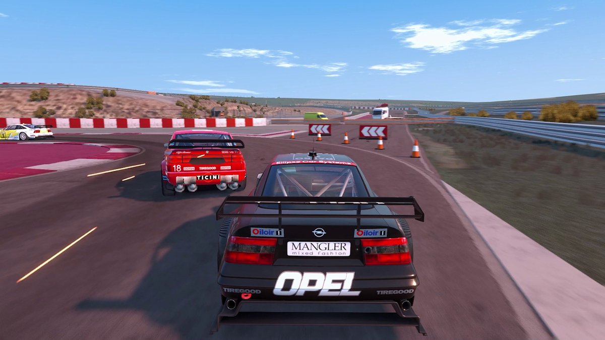 race cars, racetrack, car spoiler, rear view, red car