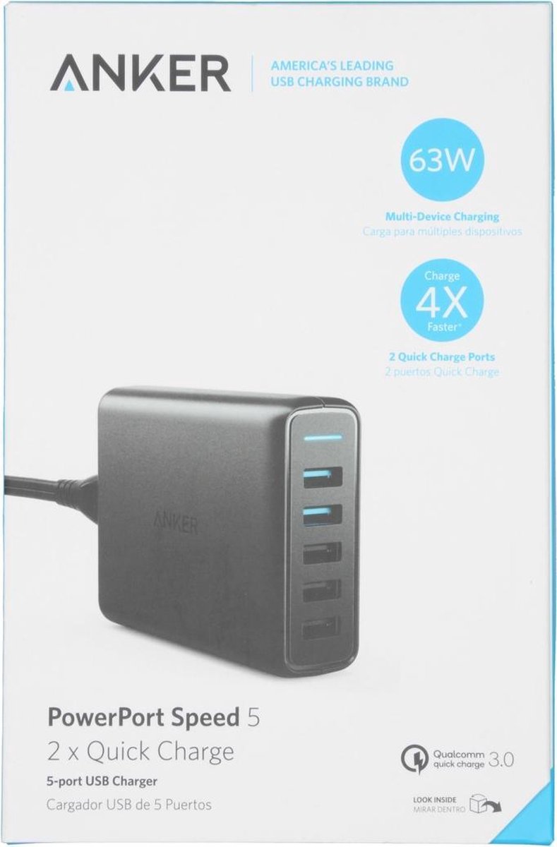 Anker PowerPort Speed 5 Poorts 2x Quick Charge 63W Thuislader Zwart