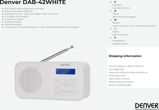 Denver DAB-42 / Draagbare DAB+ radio / FM Radio / LCD display / Koptelefoon sluiting / Alarm functie