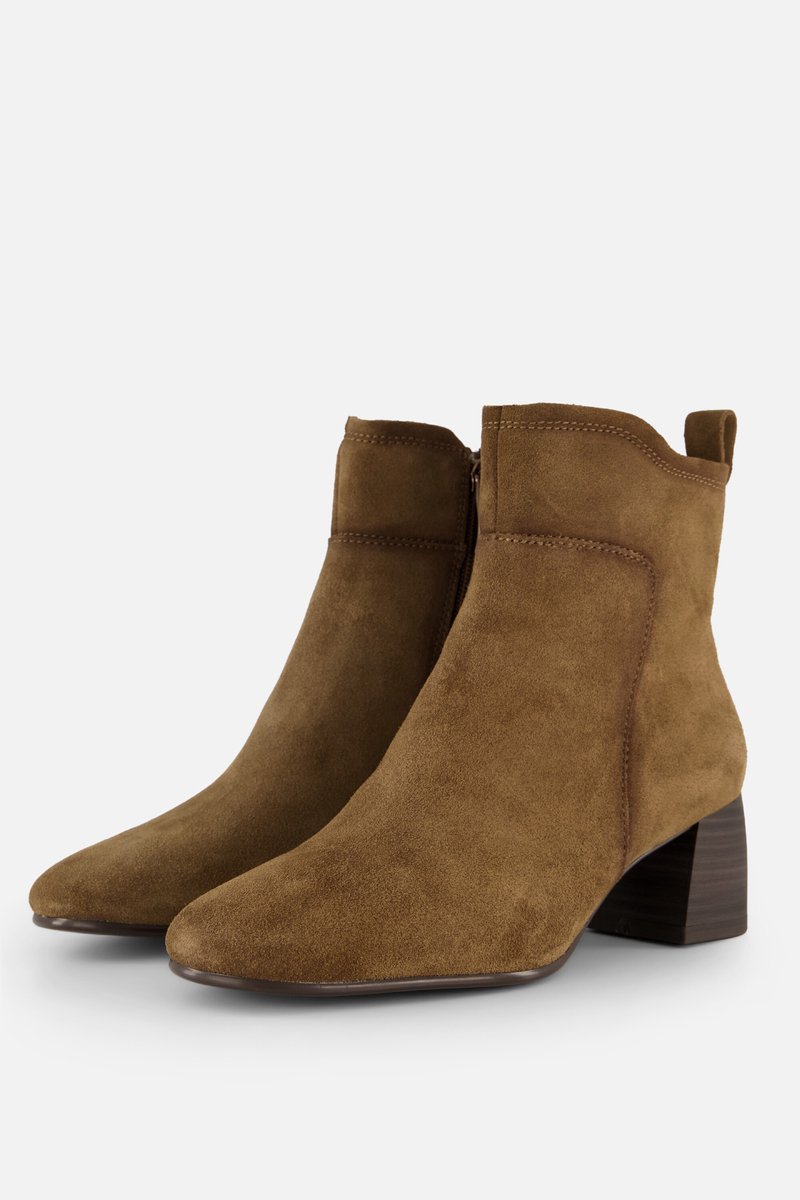 ankle boots, suede, brown, mid heel, zip closure