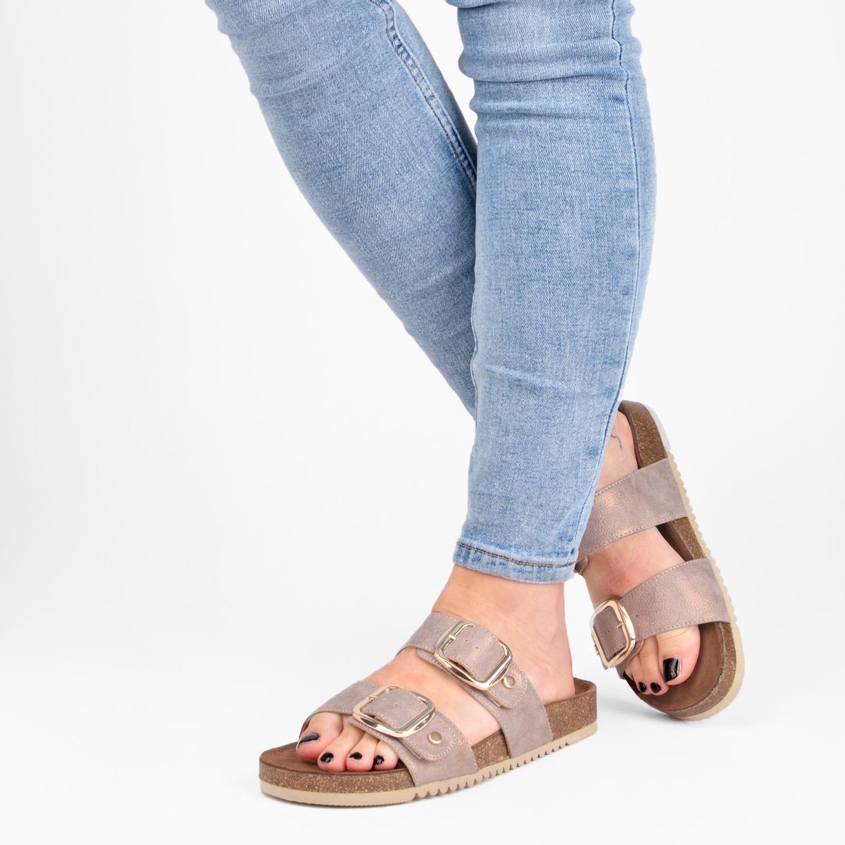 PS Poelman CURA Dames - Maat 40 - Faux PU Imitatie Leren Sandalen met Gespen - Metallic Rosé Roze