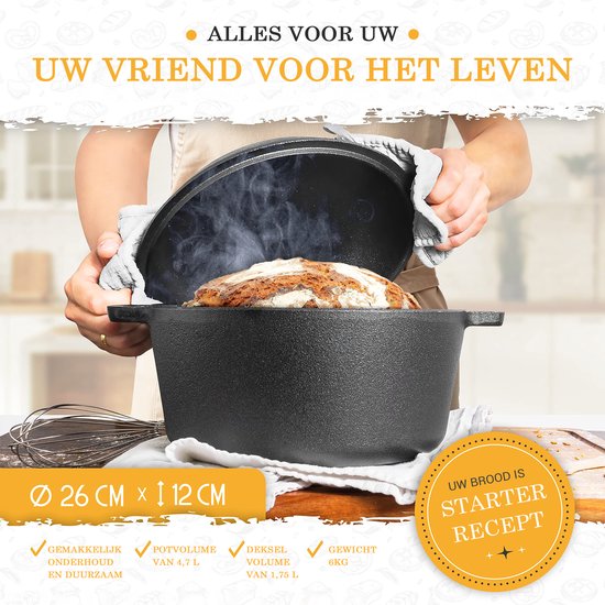 Stoofpan van gietijzer 26 cm gietijzeren pot brood bakken inclusief rijsmand - Robuuste broodbakvorm
