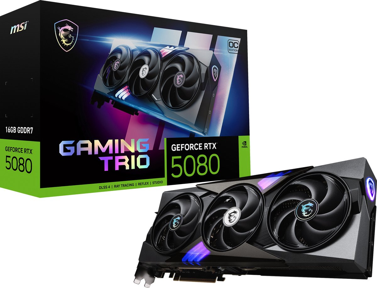 ● grafische kaart, GeForce RTX 5080, drie ventilatoren, RGB-verlichting, DLSS 4