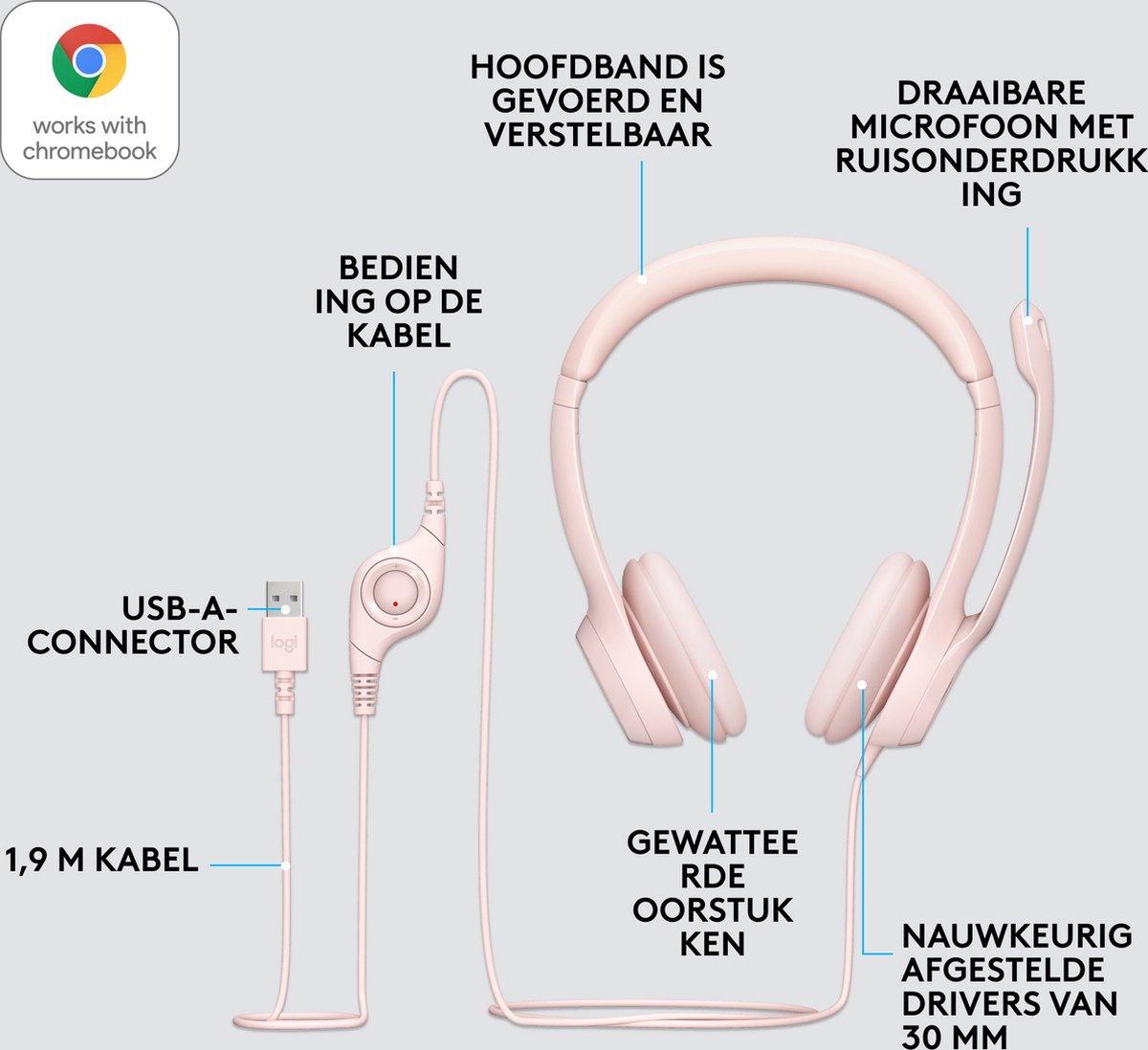 Logitech H390 - Computer Headset - USB A - Ruisonderdrukkend - Rose