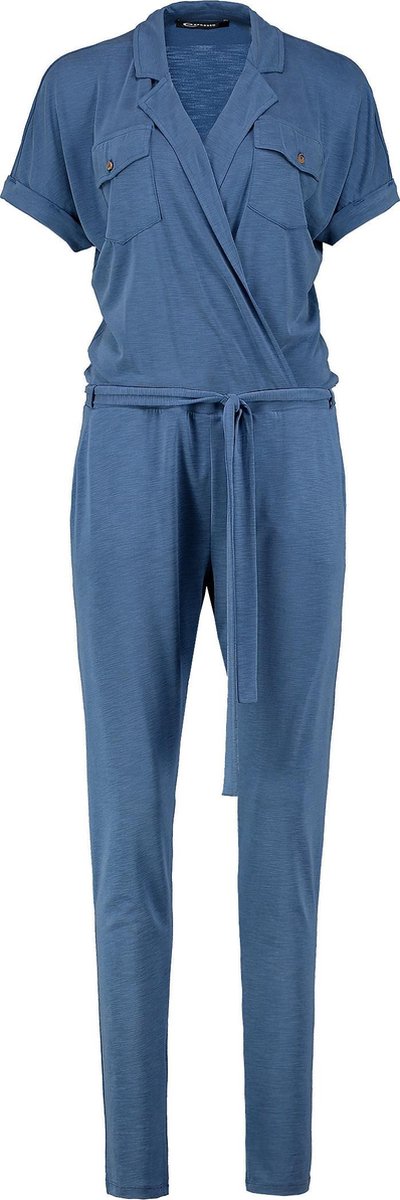 over-all jumpsuit, blauwe kleur, korte mouwen, voorzakken, riemtouw taille