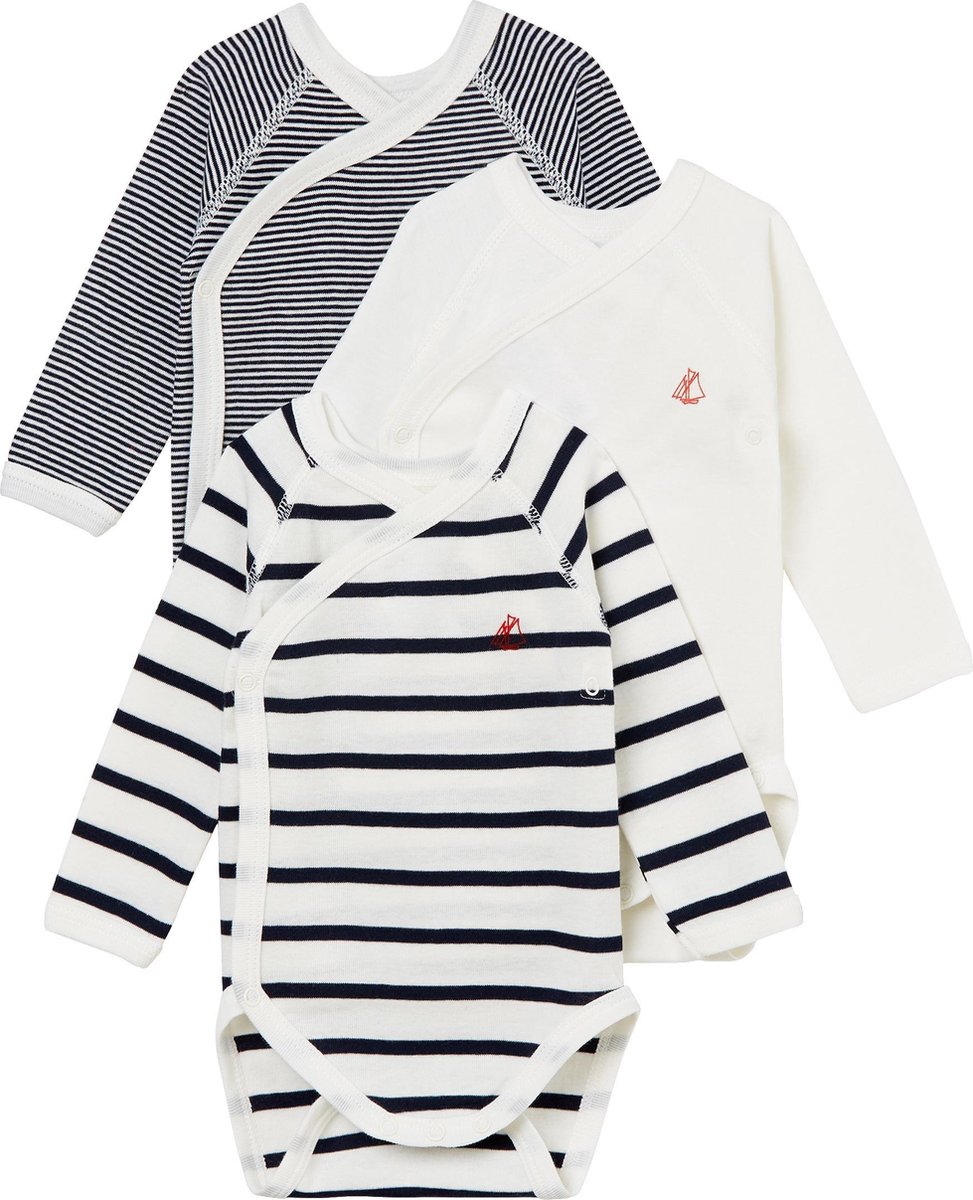 Petit Bateau - mt 62 - Drie rompertjes pasgeborenen met lange mouwen Unisex Rompertje