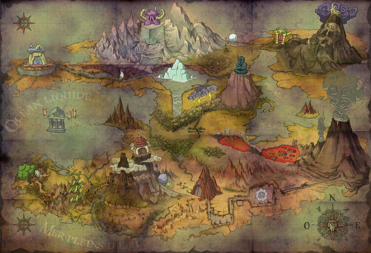 fantasy-kaart, cartografie, bergen, vulkaan, eilanden