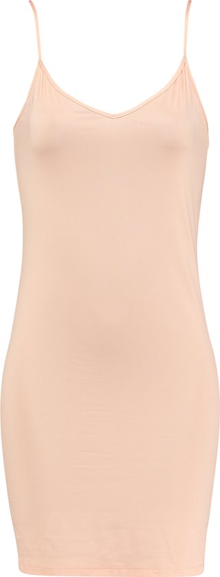 slip dress, peach, spaghetti straps, v-neck, mid length