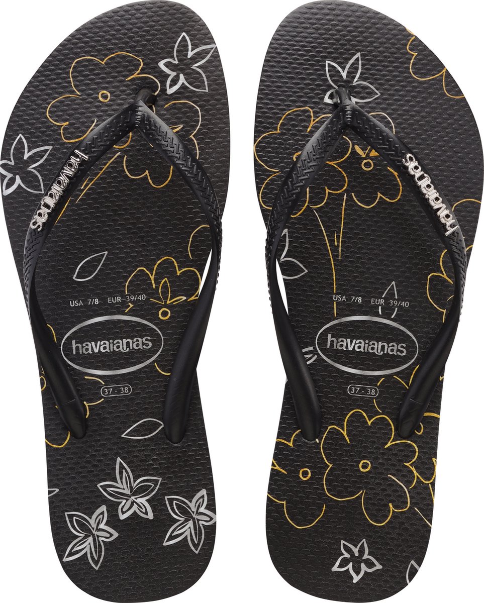 Havaianas - Maat 39/40 -Slim Metallic Print Dames Slippers - Black/Black/Black
