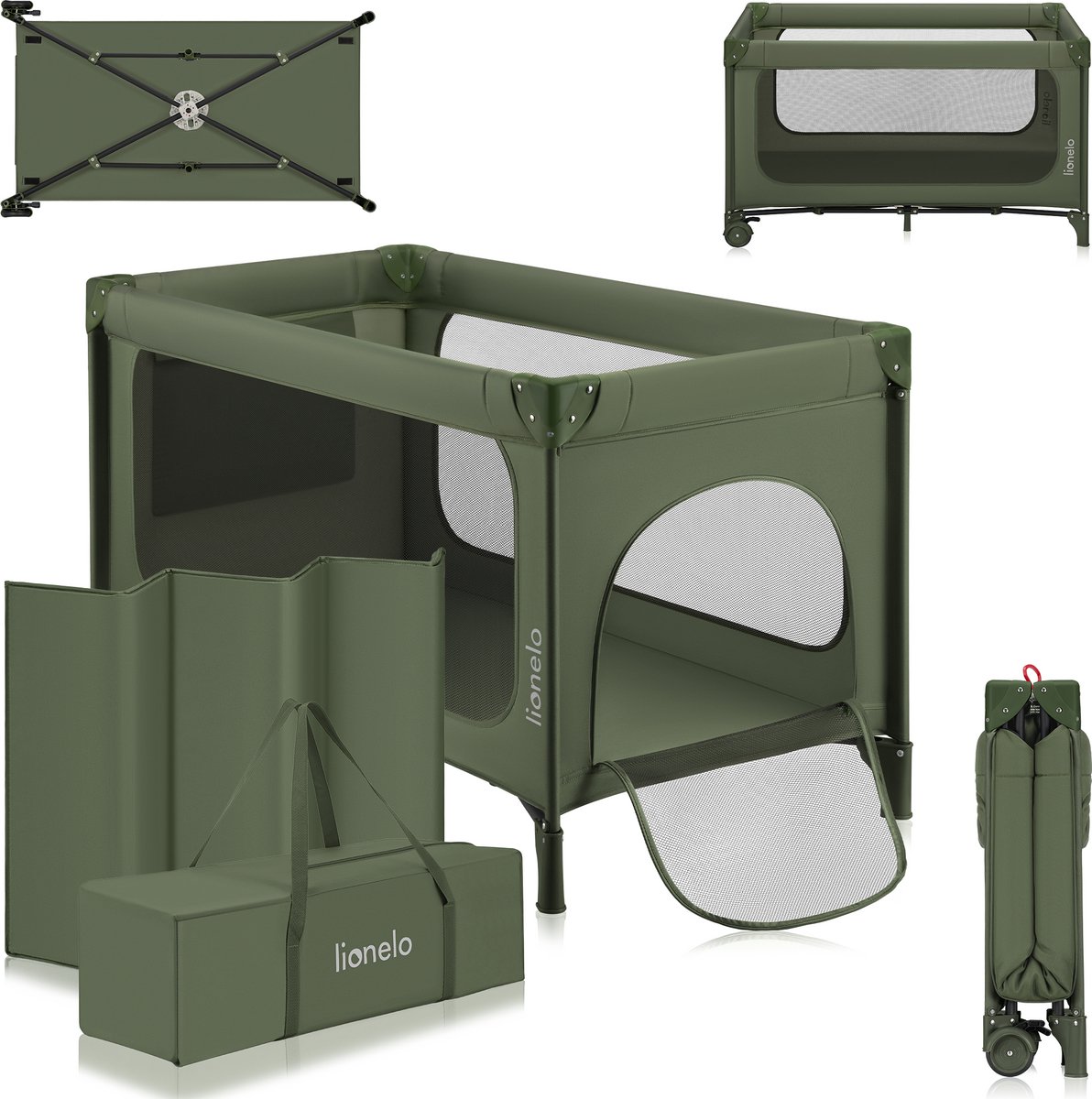 travel crib, playpen, foldable, green, mesh panel