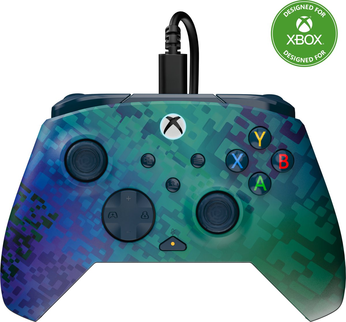 Xbox-controller, speelcomputer controller, camouflage patroon, bedrade verbinding, groen blauw verloop