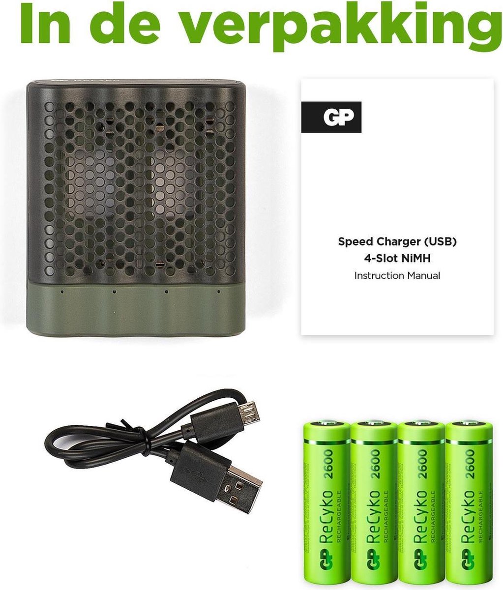 GP ReCyko AA/AAA Speed Charger (USB) - Batterijoplader - incl. 4x AA batterijen 2600mAh