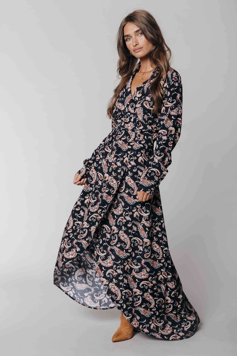 jurk, maxi, paisley, lange mouwen, donkerblauw
