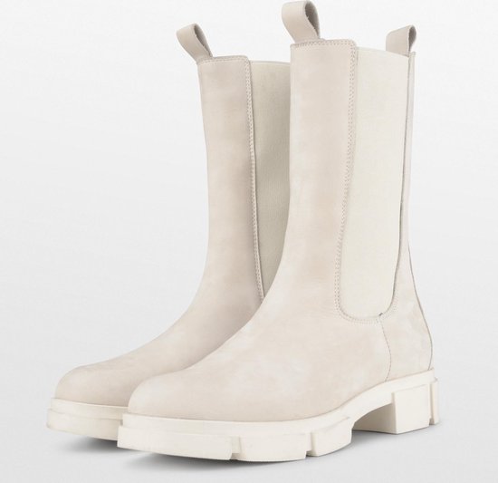 PS Poelman Kimmy - Maat 38 - Dames Leren Chunky Chelsea Enkellaarzen met Elastiek - Beige Crème Wit