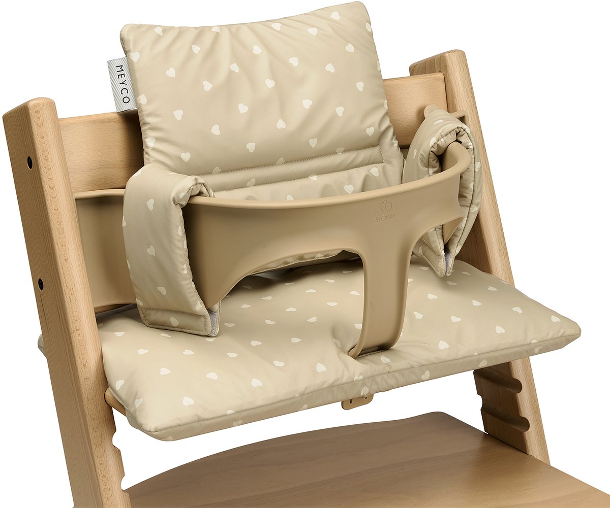 kinderstoelverhoger, stoelverhoger, beugelhoes, kussen, beige patroon