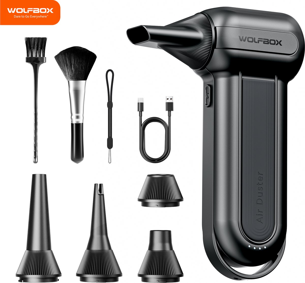 stofzuiger, haarverzorger, opzetborstel, USB-C kabel, nozzle set