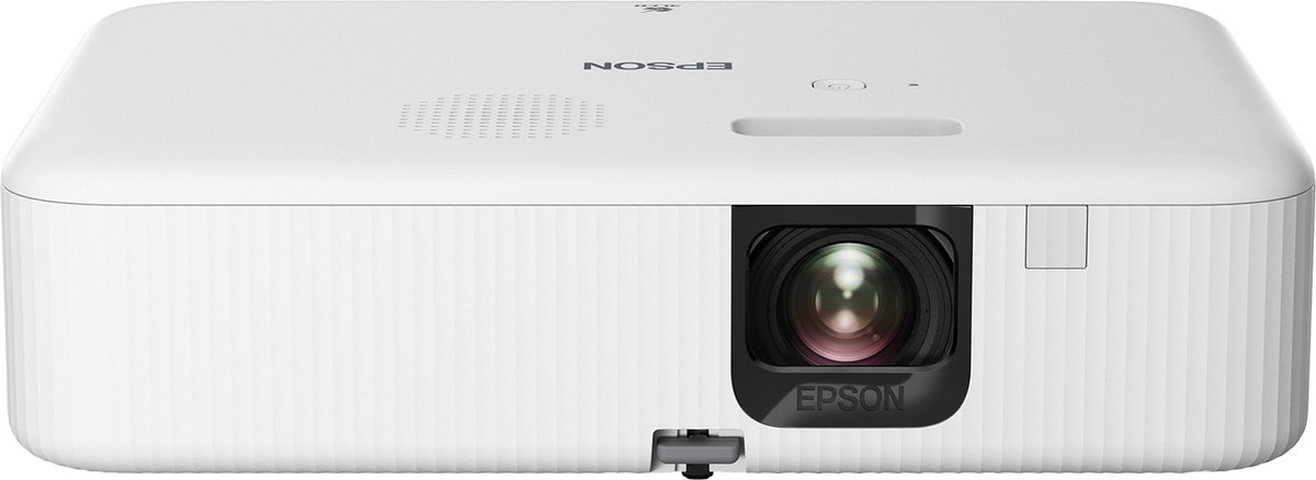 projector, portable, white, lens, brand visible on device