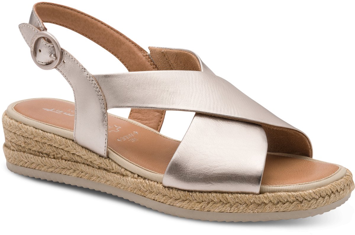 sandaal, wedge, metallisch, platform, crisscrossband