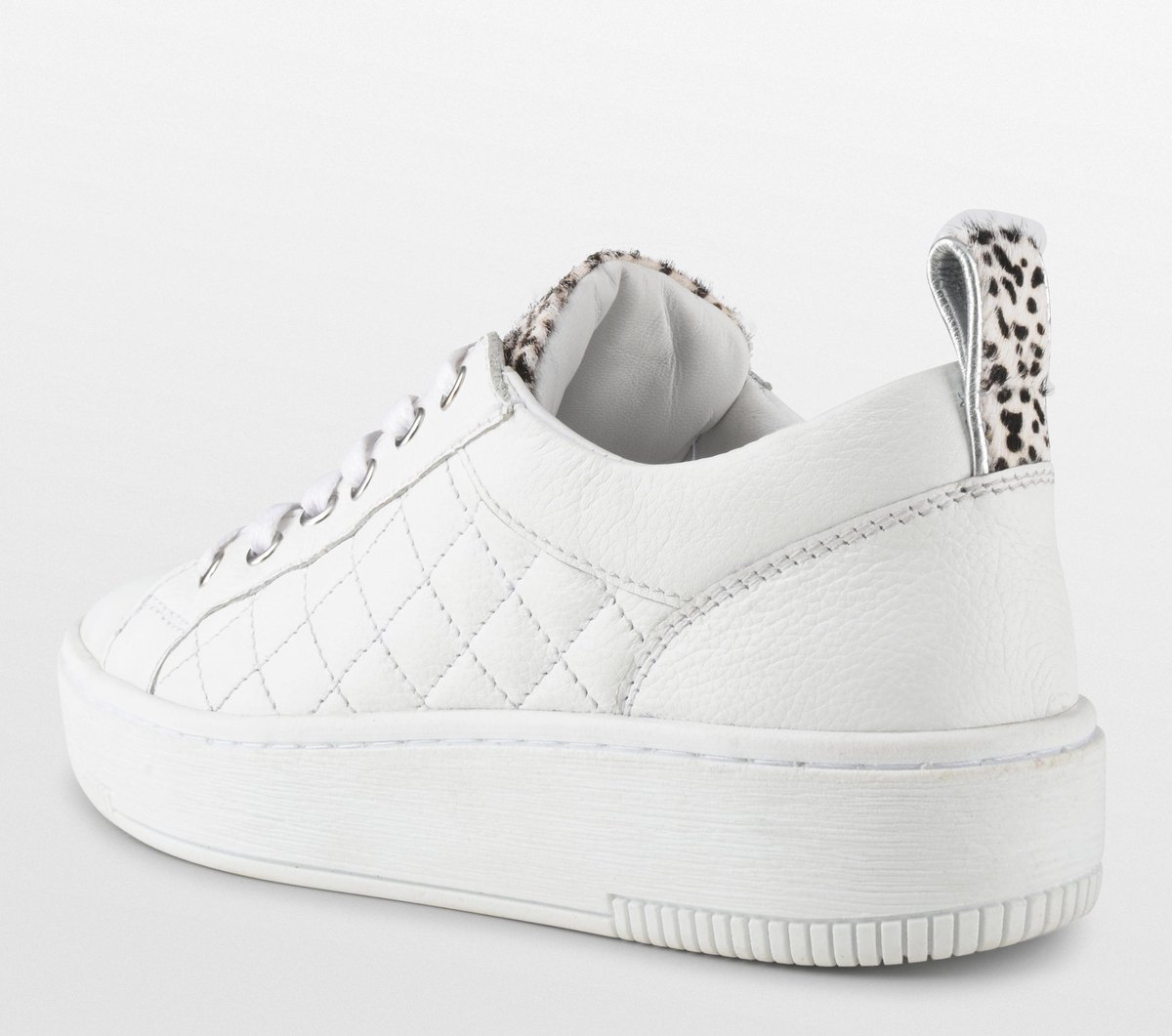 PS Poelman Esquimo Dames Quilted Leren Tennis Sneakers  - mt 38 - met Leopard Print - Wit