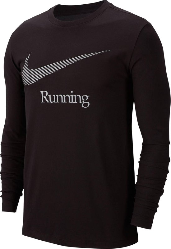 Nike Dry Tee LS DFCT Swoosh Run Heren Sportshirt - Black - Maat L
